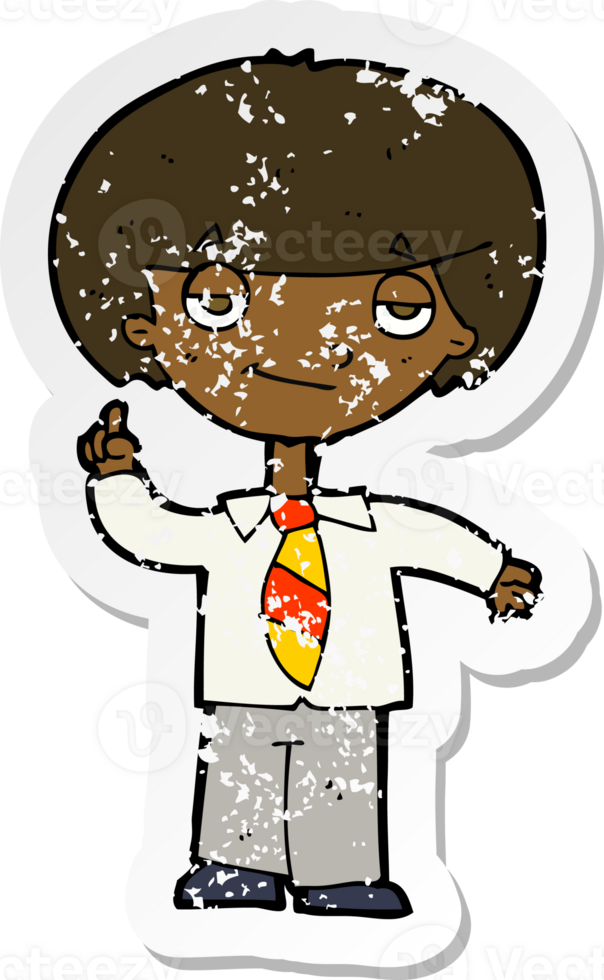 retro distressed sticker of a cartoon school boy answering question png