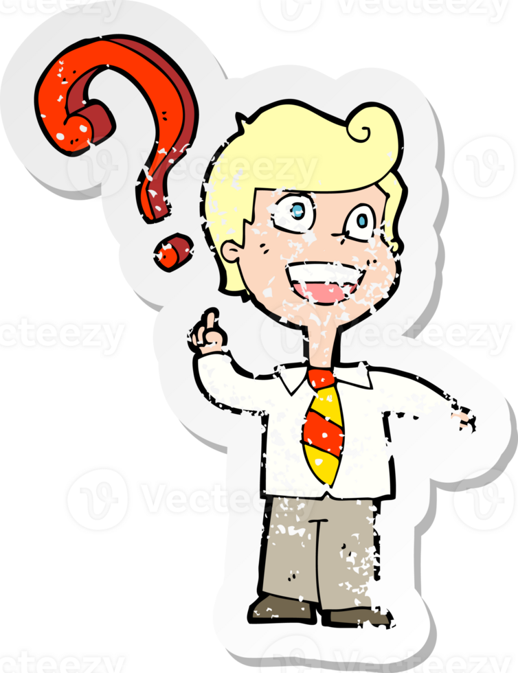 retro distressed sticker of a cartoon school boy asking question png