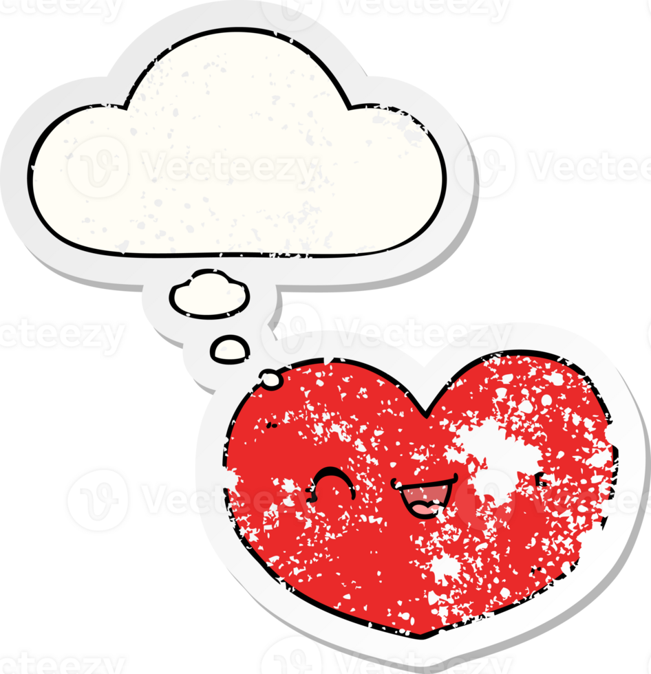 cartoon love heart with thought bubble as a distressed worn sticker png