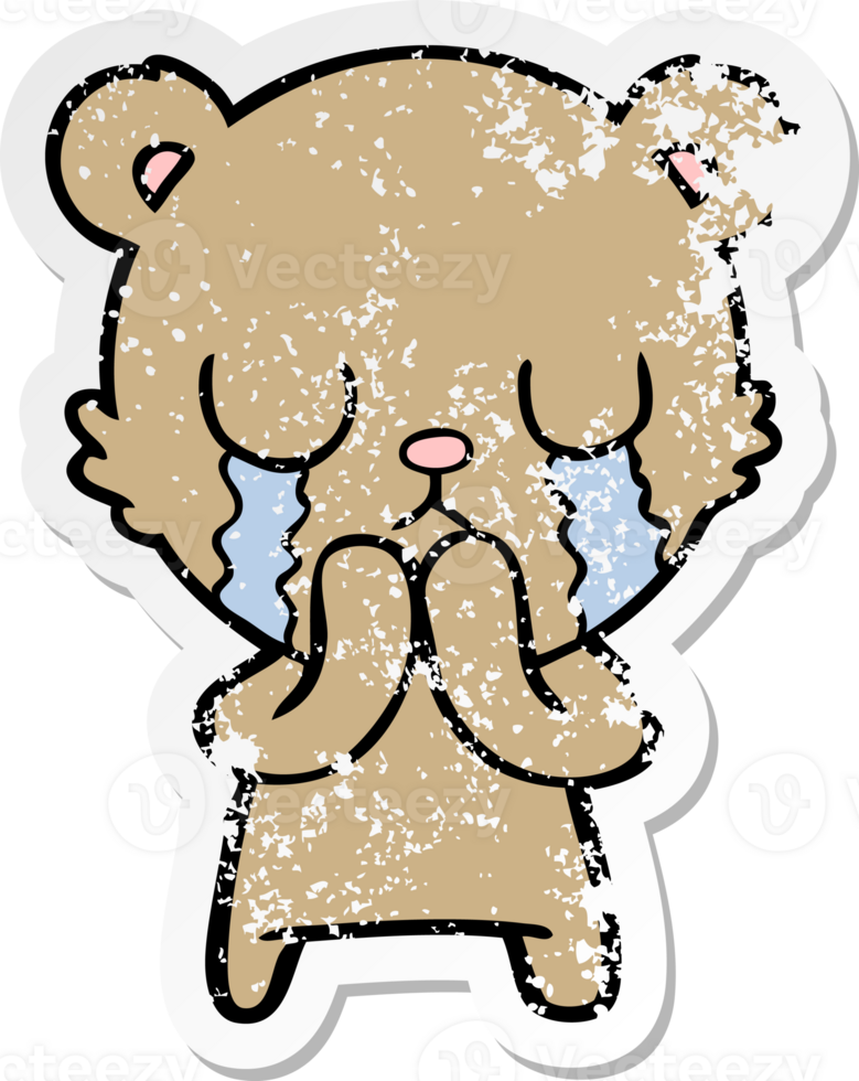 distressed sticker of a crying cartoon bear png