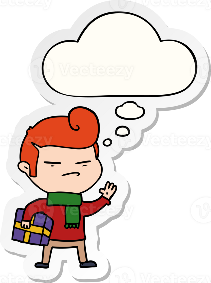 cartoon cool guy with fashion hair cut with thought bubble as a printed sticker png