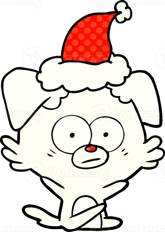 nervous dog hand drawn comic book style illustration of a wearing santa hat png