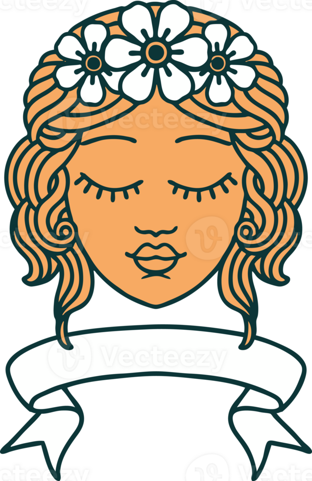 tatuagem tradicional com banner de rosto feminino com os olhos fechados png
