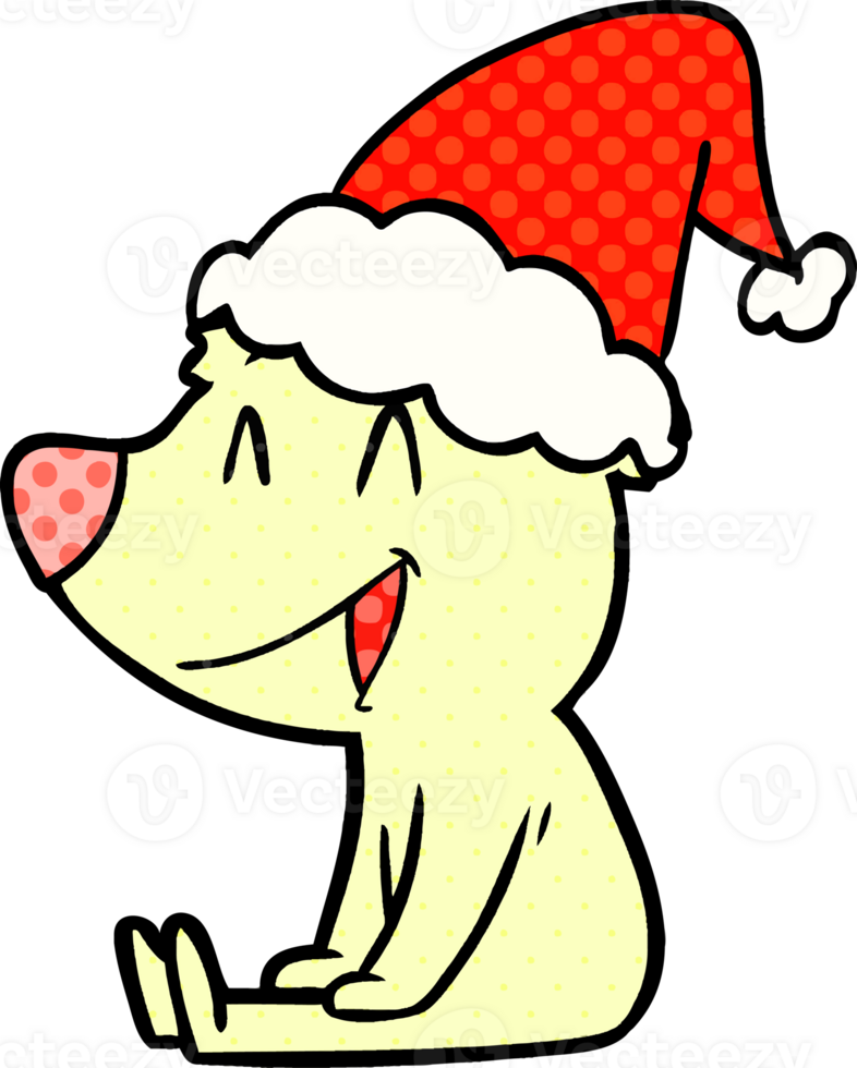 sitting bear hand drawn comic book style illustration of a wearing santa hat png