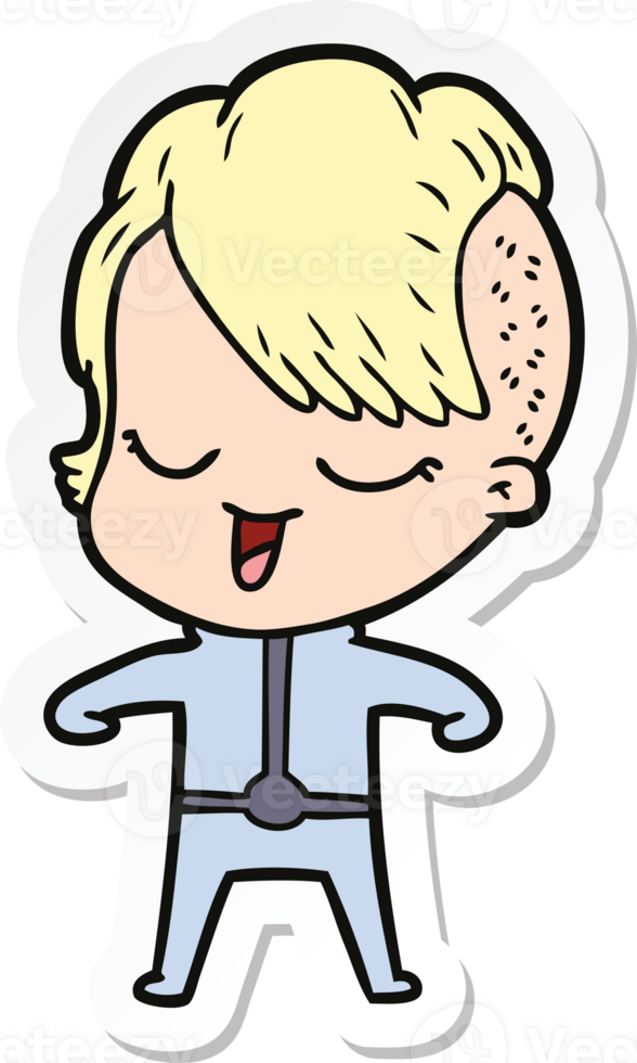 sticker of a happy cartoon girl in futuristic clothes png