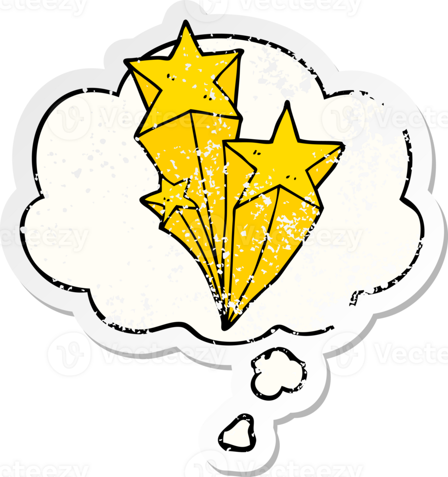 cartoon shooting stars with thought bubble as a distressed worn sticker png