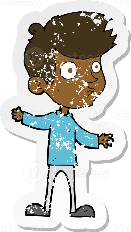 retro distressed sticker of a cartoon curious boy png