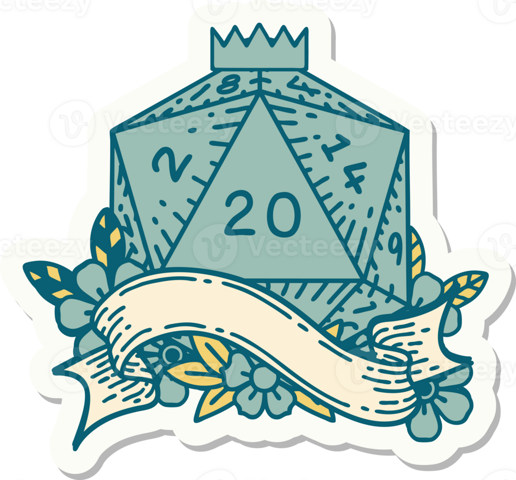 sticker of a natural twenty D20 dice roll png