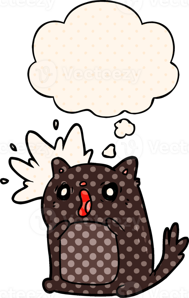 cartoon shocked cat with thought bubble in comic book style png
