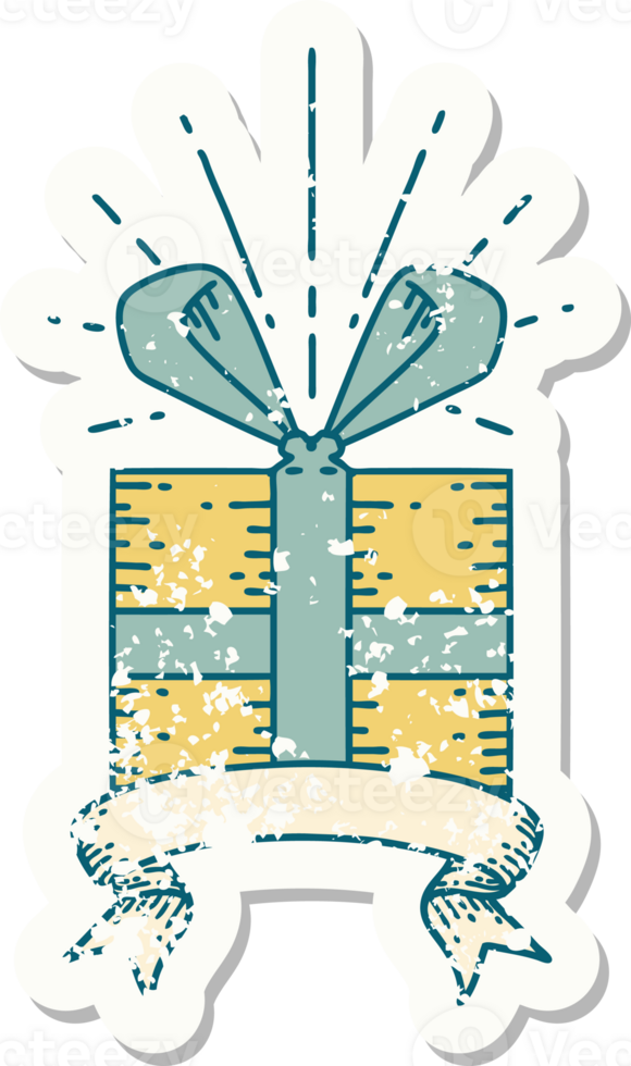 worn old sticker of a tattoo style christmas present png