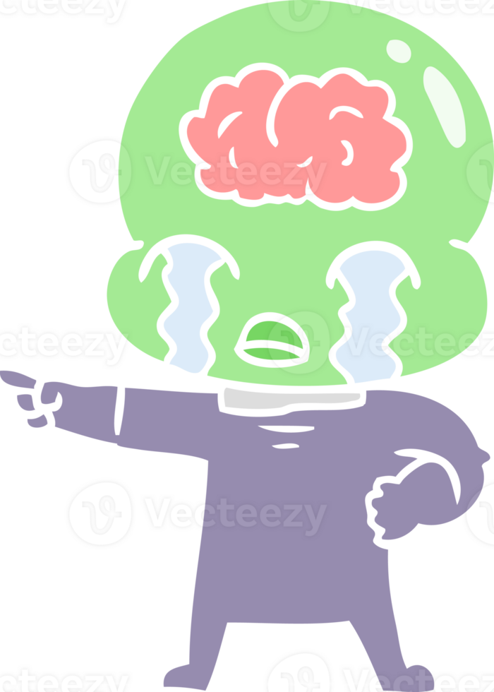 flat color style cartoon big brain alien crying and pointing png