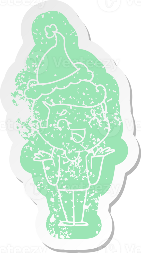 quirky cartoon distressed sticker of a laughing confused man wearing santa hat png