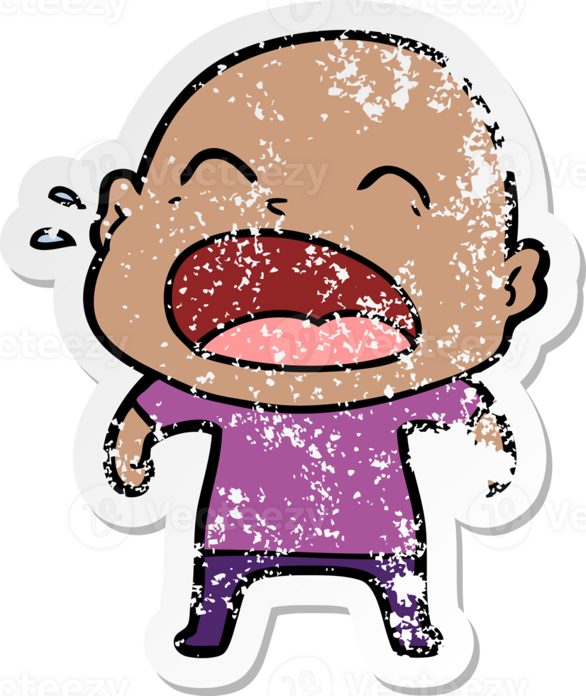 distressed sticker of a cartoon shouting bald man png