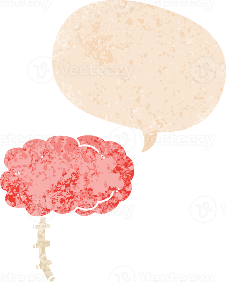 cartoon brain with speech bubble in grunge distressed retro textured style png