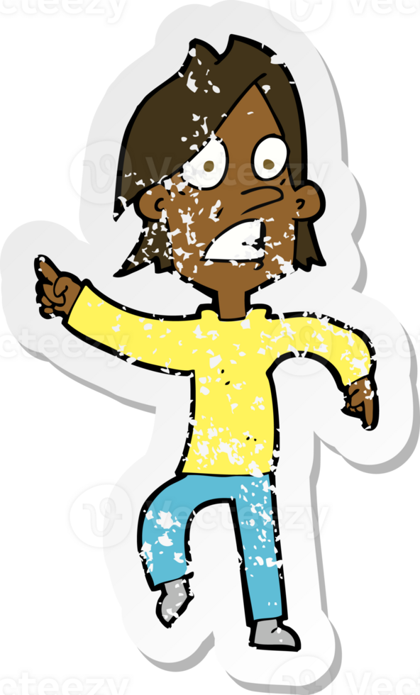 retro distressed sticker of a cartoon worried man pointing png