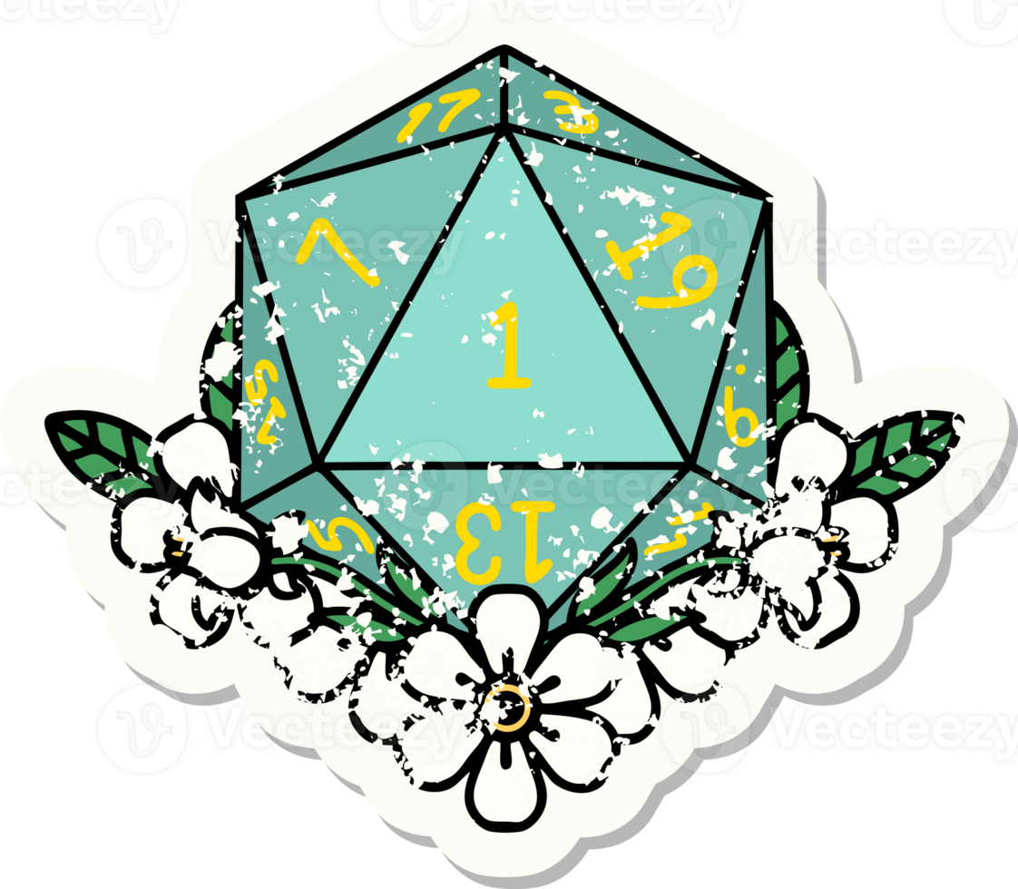 grunge sticker of a natural one dice roll with floral elements png
