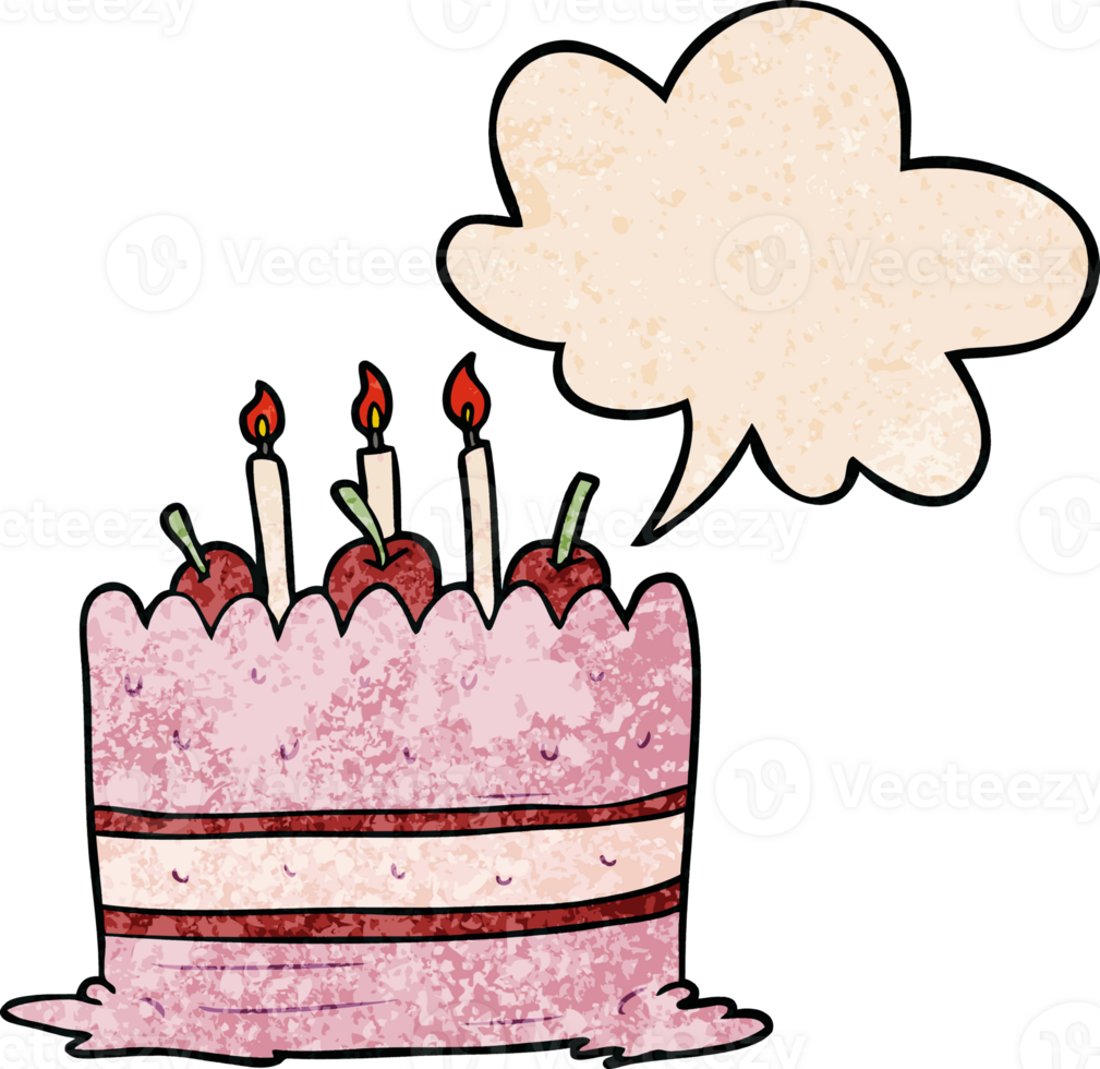 cartoon birthday cake with speech bubble in retro texture style png