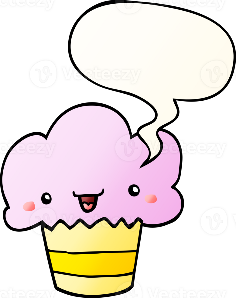 cartoon cupcake with face with speech bubble in smooth gradient style png