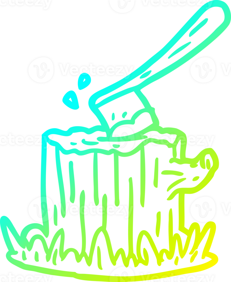 cold gradient line drawing of a axe stuck in tree stump png