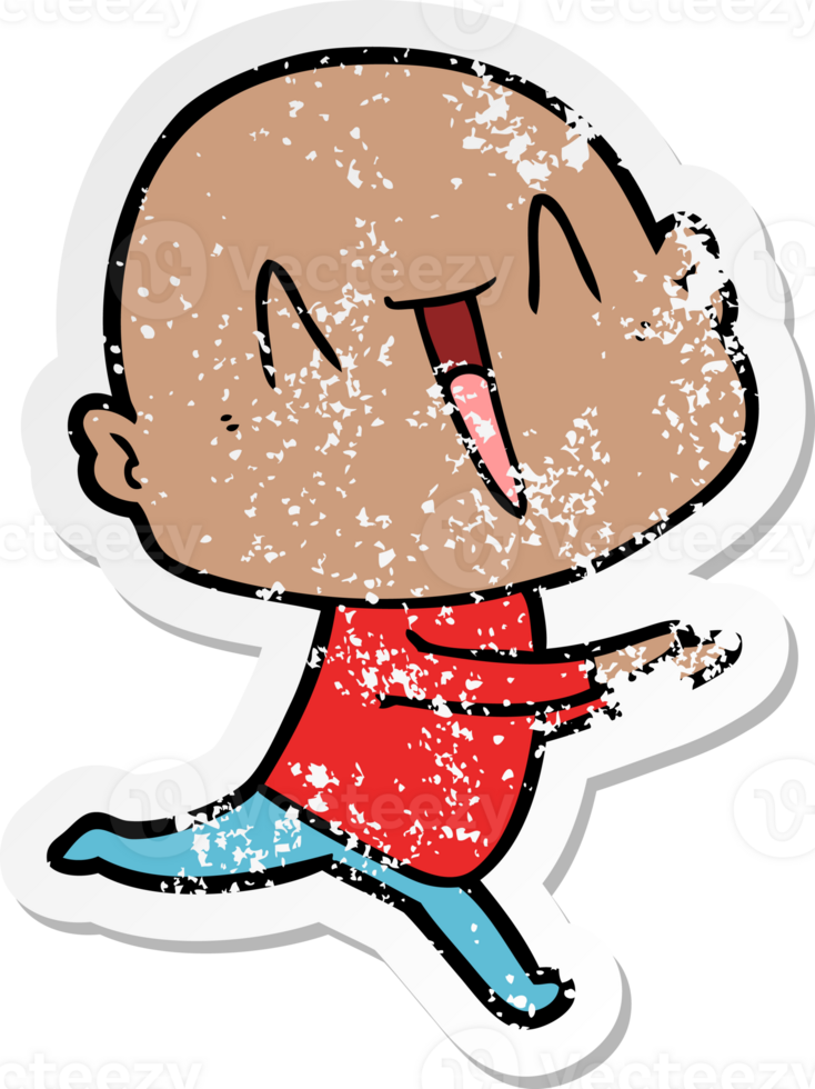 distressed sticker of a happy cartoon bald man png