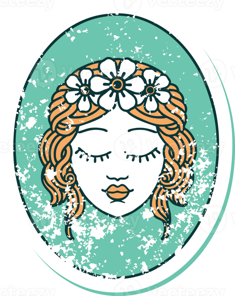 iconic distressed sticker tattoo style image of a maiden with eyes closed png