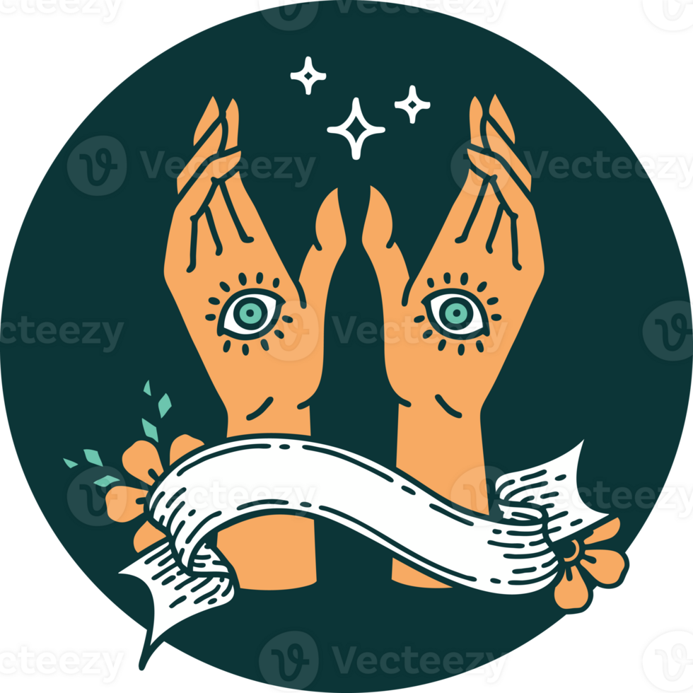 tattoo style icon with banner of mystic hands png