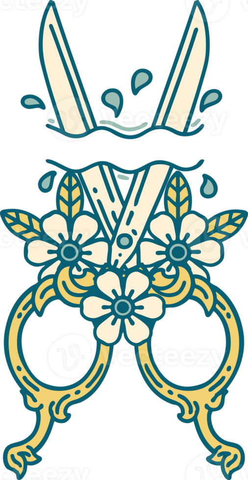 iconic tattoo style image of barber scissors and flowers png