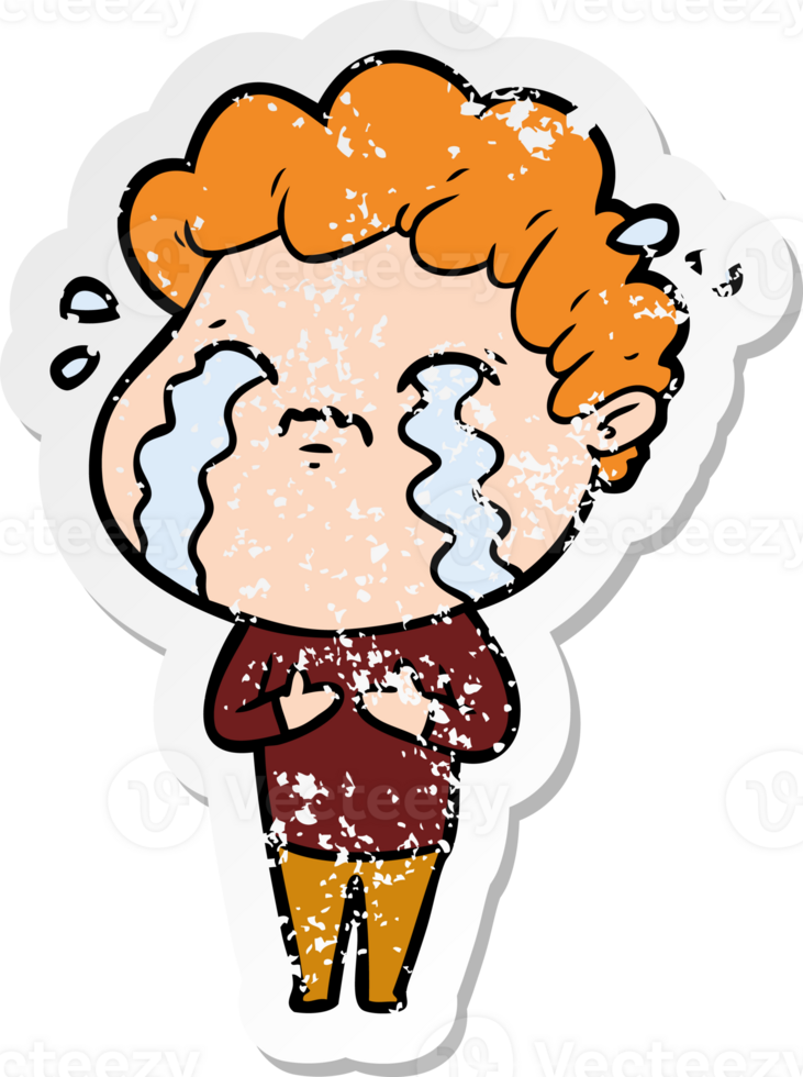 distressed sticker of a cartoon man crying png