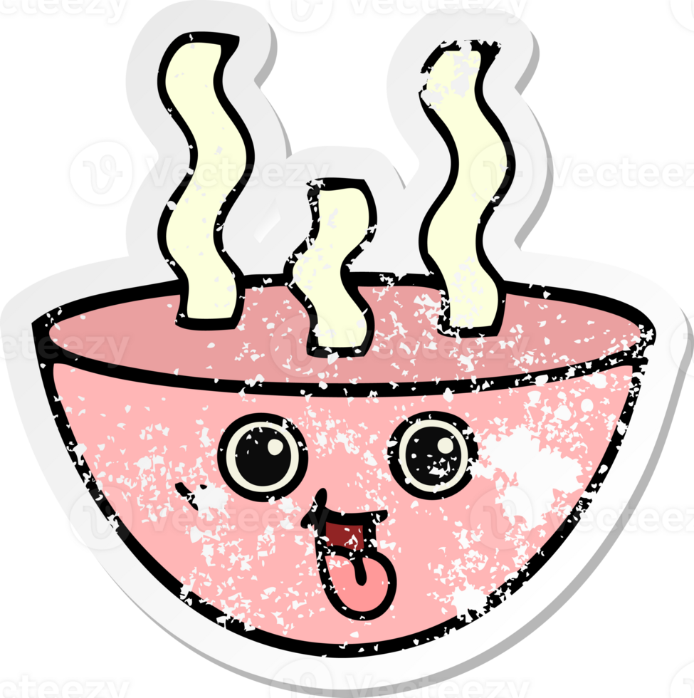 distressed sticker of a cute cartoon bowl of hot soup png