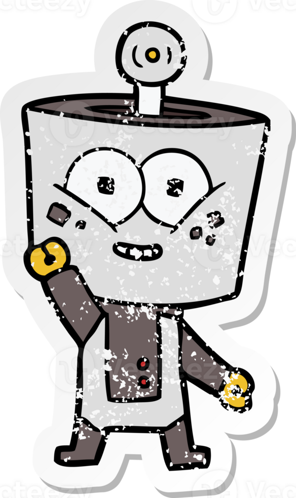 distressed sticker of a happy cartoon robot waving hello png