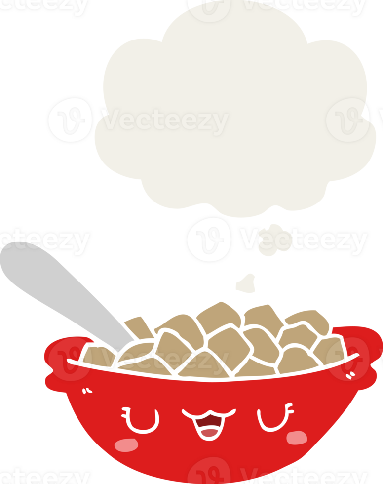 cute cartoon bowl of cereal with thought bubble in retro style png
