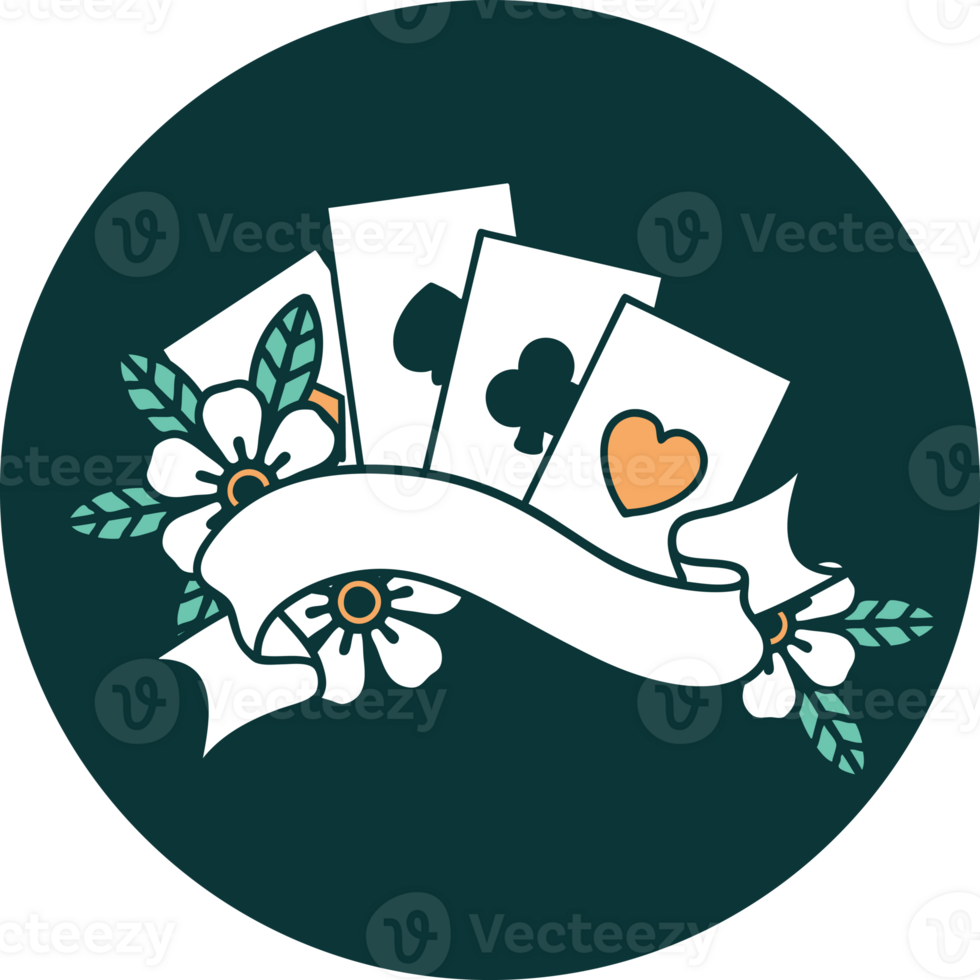 iconic tattoo style image of cards and banner png