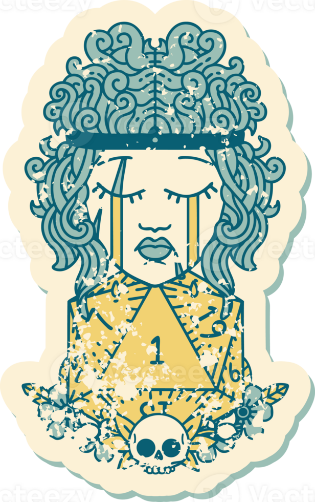 grunge sticker of a crying human barbarian with natural one D20 roll png