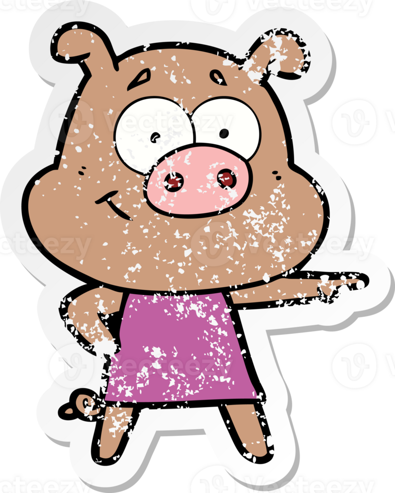distressed sticker of a happy cartoon pig png