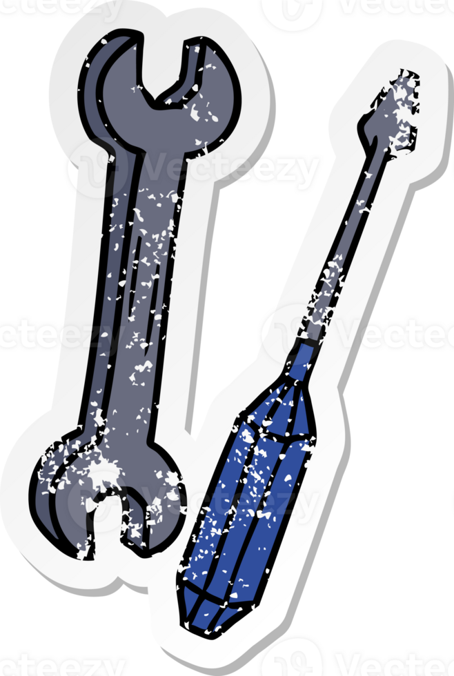 hand drawn distressed sticker cartoon doodle of a spanner and a screwdriver png