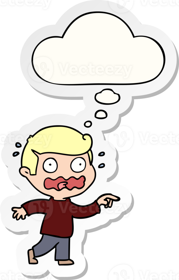 cartoon stressed out pointing with thought bubble as a printed sticker png