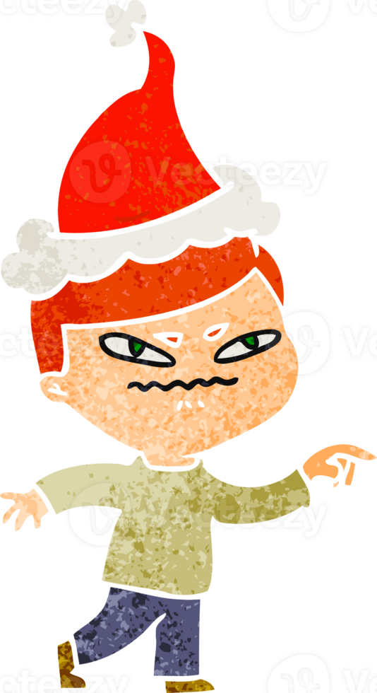 hand drawn retro cartoon of a angry man pointing wearing santa hat png