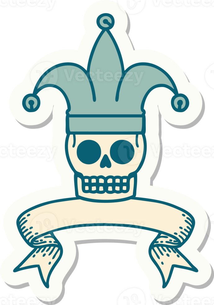 tattoo style sticker with banner of a skull jester png
