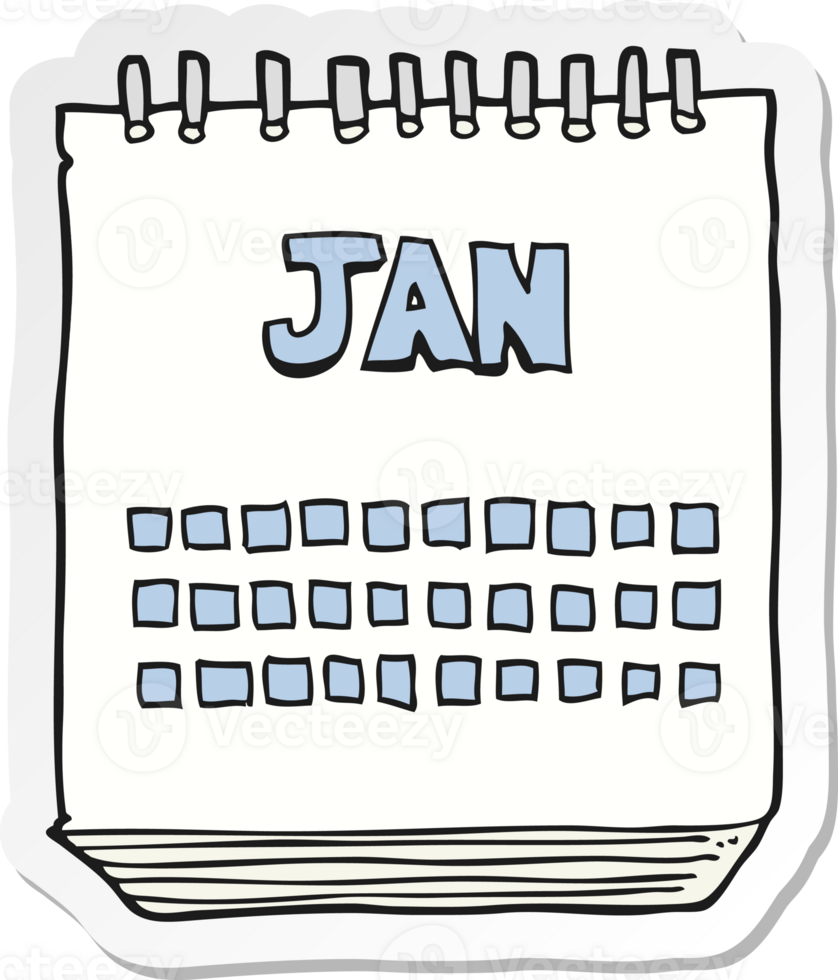 sticker of a cartoon calendar showing month of january png