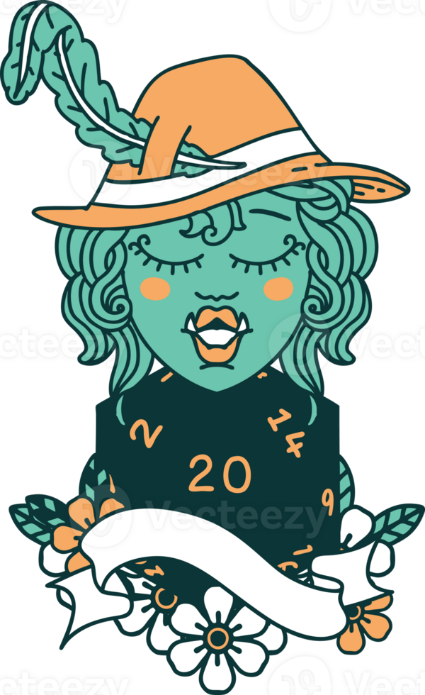Retro Tattoo Style singing half orc bard character with natural twenty dice roll png