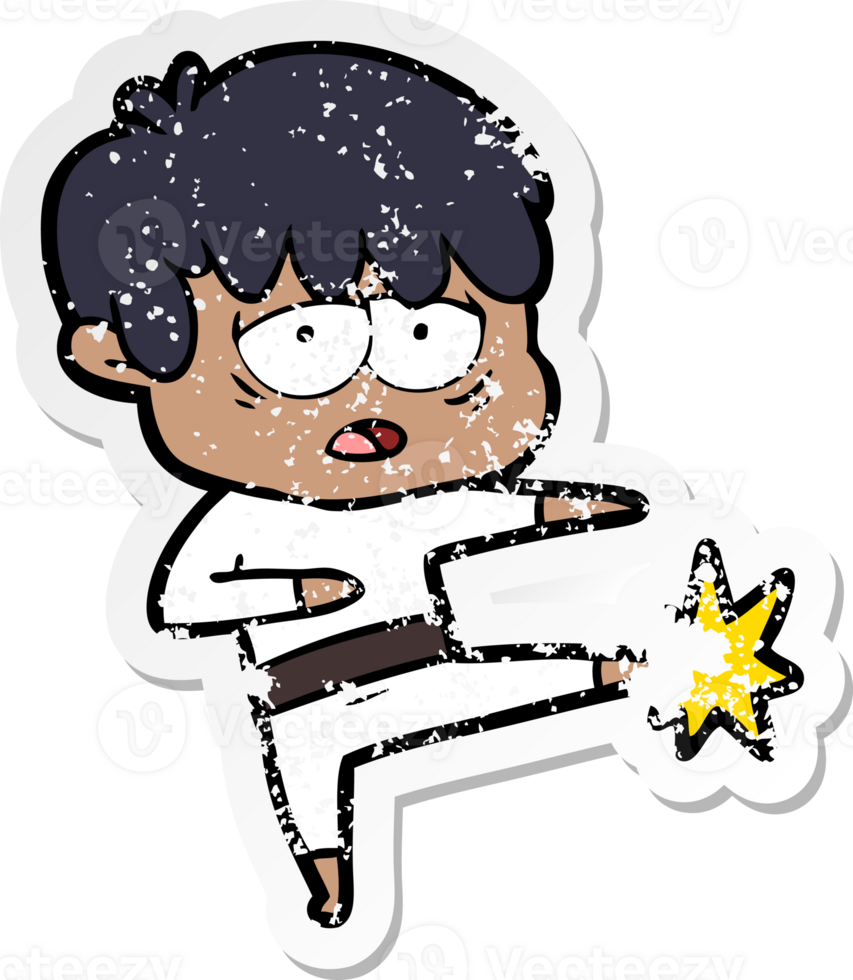 distressed sticker of a cartoon exhausted boy doing karate png