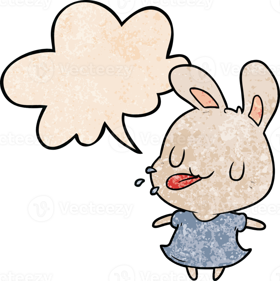 cute cartoon rabbit blowing raspberry with speech bubble in retro texture style png