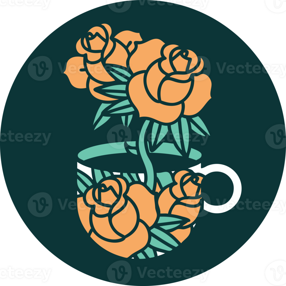 iconic tattoo style image of a cup and flowers png