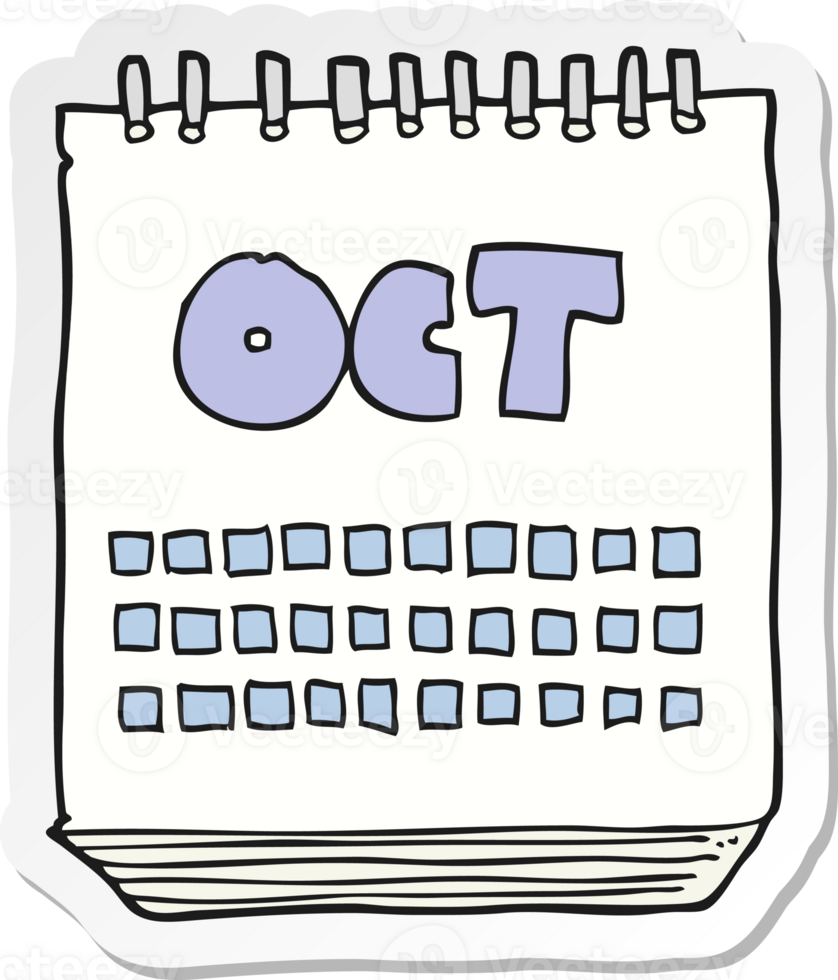 sticker of a cartoon calendar showing month of october png