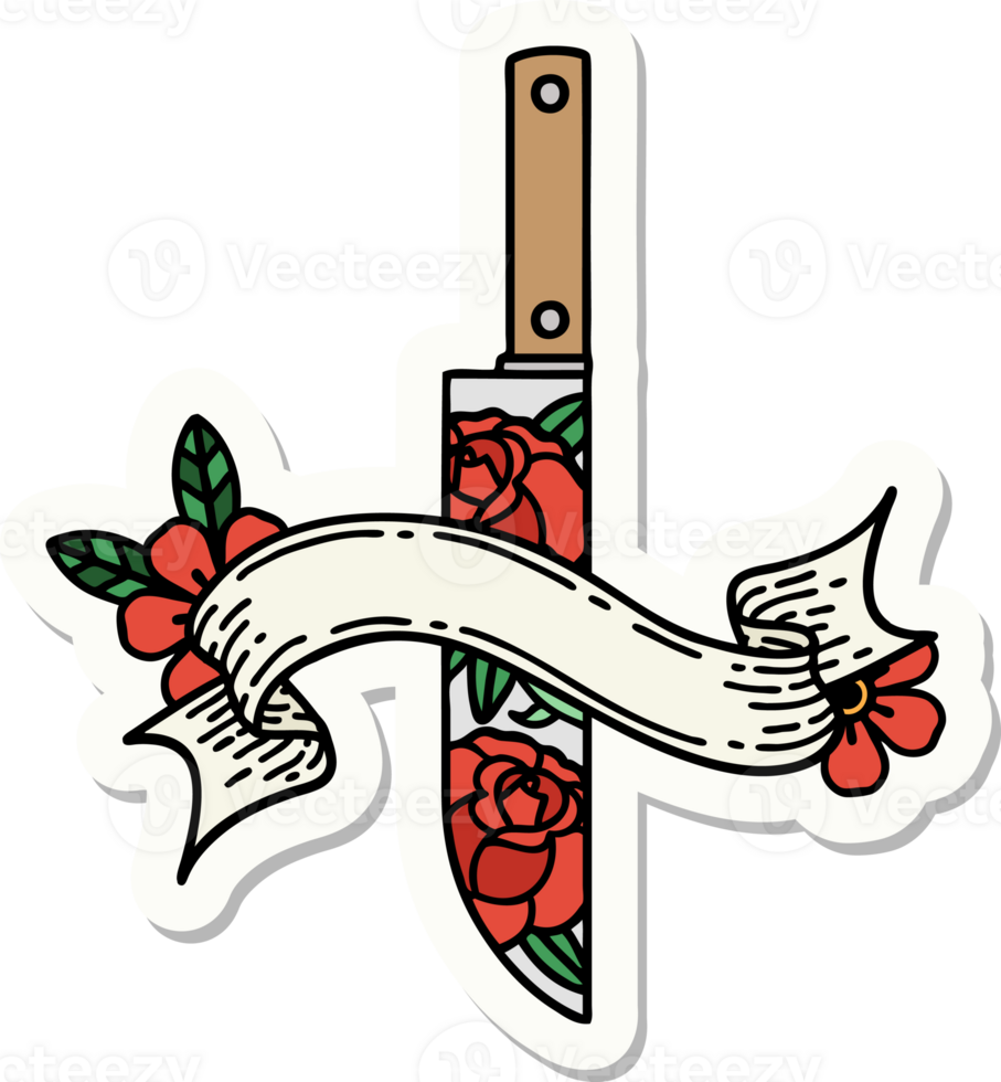 tattoo style sticker with banner of a dagger and flowers png