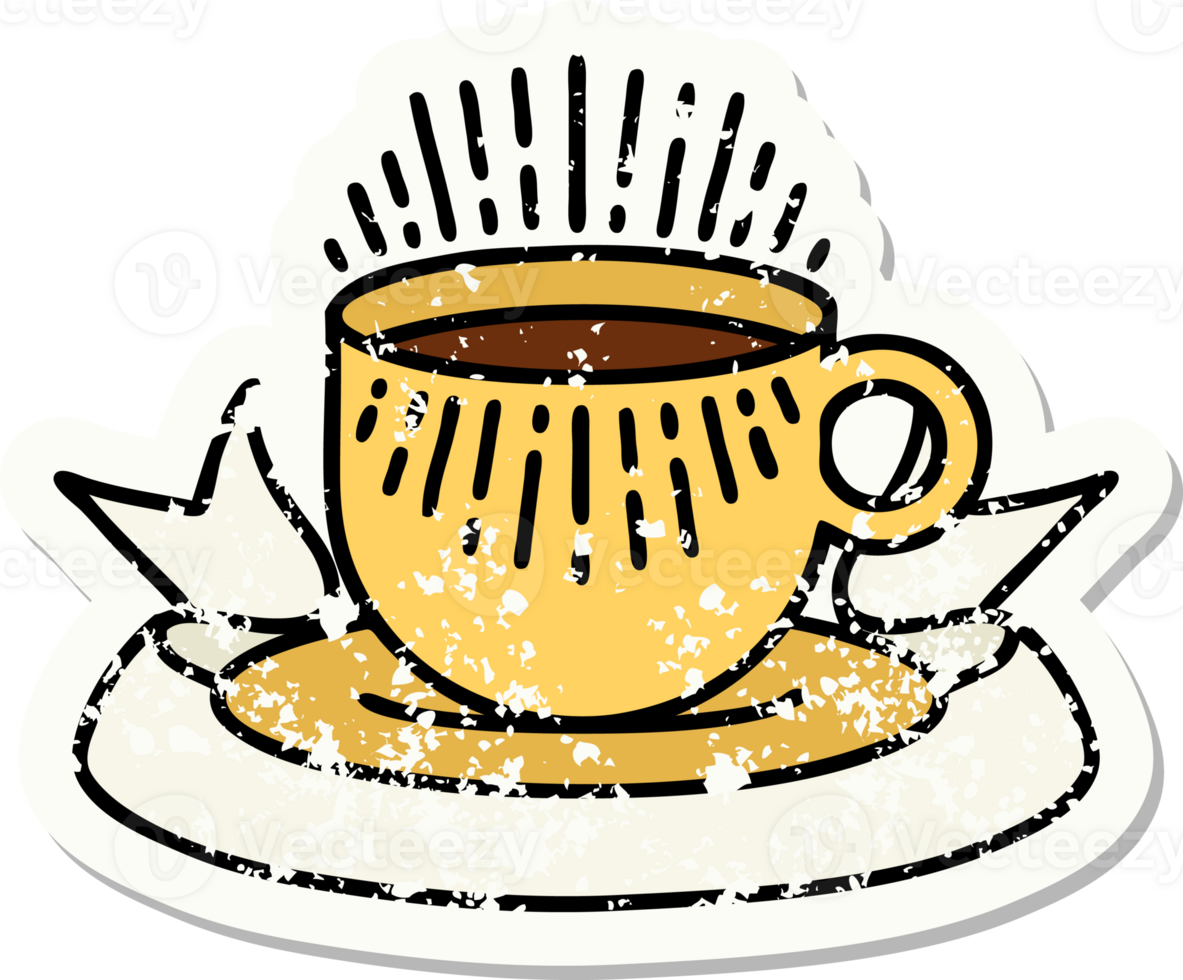 worn old sticker with banner of cup of coffee png