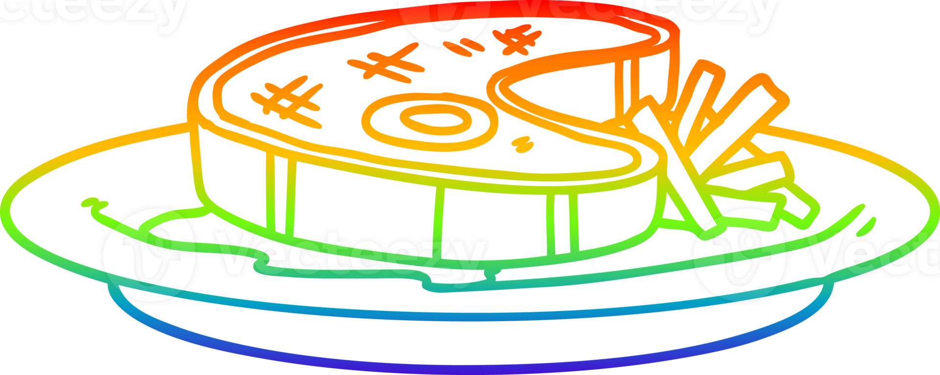 rainbow gradient line drawing of a cartoon steak dinner png