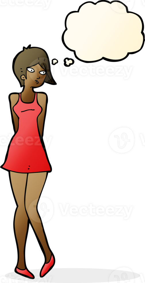 cartoon pretty woman in dress with thought bubble png