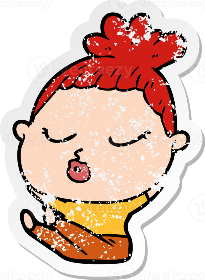 distressed sticker of a cartoon calm woman png