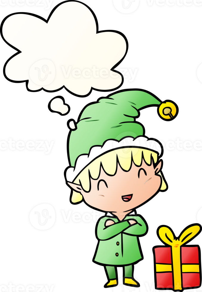 cartoon happy christmas elf with thought bubble in smooth gradient style png